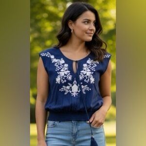 SEEK The Label blue with white embroidery v-neck blouse, front tassels ties, M